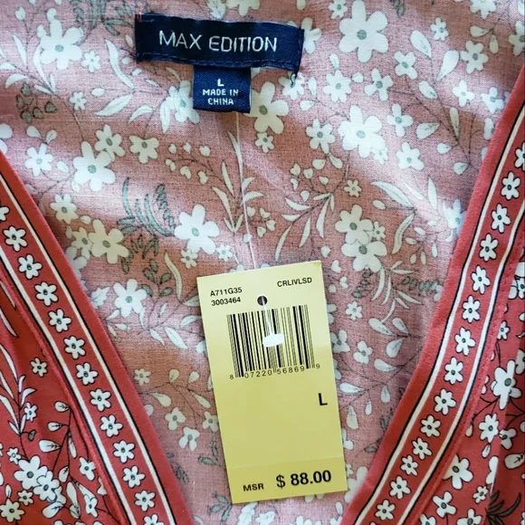 MAX STUDIO Pouffy 3/4 Sleeve Empire Tie Waist Earth Tone Blouse--NWT--L - Picture 8 of 11